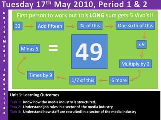Tuesday 17th May 2010, Period 1 & 2 Unit1:Media Industries First person to work out this LONG sum gets 5 Vivo’s!! ¼  of this One sixth of this 33 Add fifteen = 49 x 9 Minus 5 Multiply by 2 Times by 9 6 more 1/7 of this Unit 1: Learning Outcomes Task 1:  Know how the media industry is structured. Task 2:  Understand job roles in a sector of the media industry Task 3:  Understand how staff are recruited in a sector of the media industry 