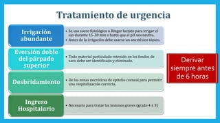 Tratamiento de urgencia
• Se usa suero fisiológico o Ringer lactato para irrigar el
ojo durante 15-30 min o hasta que el pH sea neutro.
• Antes de la irrigación debe usarse un anestésico tópico.
Irrigación
abundante
• Todo material particulado retenido en los fondos de
saco debe ser identificado y eliminado.
Eversión doble
del párpado
superior
• De las zonas necróticas de epitelio corneal para permitir
una reepitelización correcta.Desbridamiento
• Necesario para tratar las lesiones graves (grado 4 ± 3)
Ingreso
Hospitalario
Derivar
siempre antes
de 6 horas
 