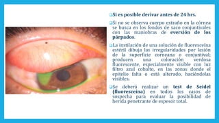 Si es posible derivar antes de 24 hrs.
Si no se observa cuerpo extraño en la córnea
se busca en los fondos de saco conjuntivales
con las maniobras de eversión de los
párpados.
La instilación de una solución de fluoresceína
estéril dibuja las irregularidades por lesión
de la superficie corneana o conjuntival;
producen una coloración verdosa
fluorescente, especialmente visible con luz
filtro azul cobalto, en las zonas donde el
epitelio falta o está alterado, haciéndolas
visibles.
Se deberá realizar un test de Seidel
(fluoresceína) en todos los casos de
sospecha para evaluar la posibilidad de
herida penetrante de espesor total.
 