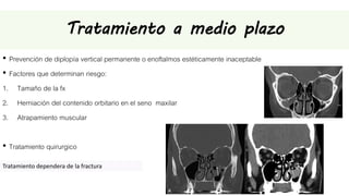 Tratamiento a medio plazo
• Prevención de diplopía vertical permanente o enoftalmos estéticamente inaceptable
• Factores que determinan riesgo:
1. Tamaño de la fx
2. Herniación del contenido orbitario en el seno maxilar
3. Atrapamiento muscular
• Tratamiento quirurgico
Tratamiento dependera de la fractura
 
