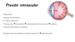Presión intraocular
• Monitorizar
*despues de traumatismo
• >hifema, inflamación
• Cuerpo ciliar  traumatismo  cese temporal de humor acuoso  hipotonía
*descartar lesión abierta en hipotonía
• Desgarros que se extienden en cara de cuerpo cilíar  glaucoma tardío
 