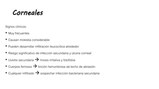 Corneales
Signos clinicos:
• Muy frecuentes
• Causan molestia considerable
• Pueden desarrollar infiltración leucocítica alrededor
• Riesgo significativo de infección secundaria y úlcera corneal
• Uveítis secundaria  miosis irritativa y fotofobia
• Cuerpos ferrosos  tinción herrumbrosa de lecho de abrasión
• Cualquier infiltrado  sospechar infección bacteriana secundaria
 