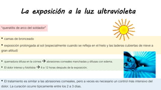 • camas de bronceado
• exposición prolongada al sol (especialmente cuando se refleja en el hielo y las laderas cubiertas de nieve a
gran altitud)
La exposición a la luz ultravioleta
“queratitis de arco del soldador”
• quemadura difusa en la córnea  abrasiones corneales manchadas y difusas con edema.
• El dolor intenso y fotofobia  6 a 12 horas después de la exposición.
• El tratamiento es similar a las abrasiones corneales, pero a veces es necesario un control más intensivo del
dolor. La curación ocurre típicamente entre los 2 a 3 días.
 