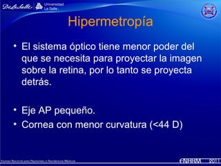Hipermetropía
• El sistema óptico tiene menor poder del
  que se necesita para proyectar la imagen
  sobre la retina, por lo tanto se proyecta
  detrás.

• Eje AP pequeño.
• Cornea con menor curvatura (<44 D)
 