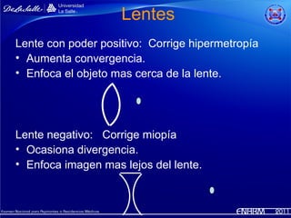 Lentes
Lente con poder positivo: Corrige hipermetropía
• Aumenta convergencia.
• Enfoca el objeto mas cerca de la lente.




Lente negativo: Corrige miopía
• Ocasiona divergencia.
• Enfoca imagen mas lejos del lente.
 