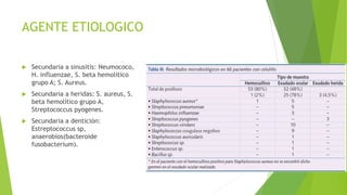 AGENTE ETIOLOGICO
 Secundaria a sinusitis: Neumococo,
H. influenzae, S. beta hemolítico
grupo A; S. Aureus.
 Secundaria a heridas: S. aureus, S.
beta hemolítico grupo A,
Streptococcus pyogenes.
 Secundaria a dentición:
Estreptococcus sp,
anaerobios(bacteroide
fusobacterium).
 