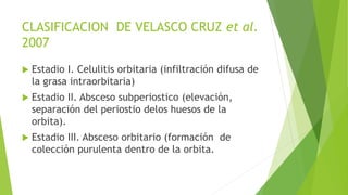 CLASIFICACION DE VELASCO CRUZ et al.
2007
 Estadio I. Celulitis orbitaria (infiltración difusa de
la grasa intraorbitaria)
 Estadio II. Absceso subperiostico (elevación,
separación del periostio delos huesos de la
orbita).
 Estadio III. Absceso orbitario (formación de
colección purulenta dentro de la orbita.
 