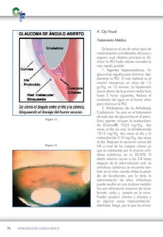 A. Ojo Visual

                                    Tratamiento Médico

                                        Se basa en el uso de varios tipos de
                                    medicamentos considerados eficaces y
                                    seguros cuyo objetivo principal es dis-
                                    minuir la PIO hasta valores normales lo
                                    más rápido posible:
                                        1. Agentes hiperosmóticos.- En
                                                       hiperosmóticos
                                    glaucomas agudos para disminuir rápi-
                                    damente la PIO. El más habitual es el
                                    manitol intravenoso en dosis de 1-2
                                    gr/Kg. en 15 minutos. La hipotensión
                                    ocurre dentro de la primera media hora
                                    hasta 5 horas siguientes. Reduce el
                                    contenido del agua en el humor vítreo
                                    para disminuir la PIO.
                                        2. Inhibidores de la Anhidrasa
                                    Carbónica.- Se usan en el tratamiento
                                    Carbónica
                       Figura 11.
                                    de todo tipo de glaucomas en el perro.
                                    Estos agentes incluyen la acetazolami-
                                    da (Diamox®) 10-25 mg/Kg., dos
                                    veces al día vía oral, la diclofenamida
                                    10-15 mg/Kg. dos veces al día y la
                                    metazolamida 5-10 mg/Kg. dos veces

                      Figura 12.
                                    al día. Reducen la secreción activa del
                                    HA a nivel de los cuerpos ciliares ya
                                    que es catalizada por la enzima anhi-
                                    drasa carbónica, en un 20-30%. El
                                    efecto máximo ocurre a las 2-4 horas
                                    después de la administración oral. La
                                    anhidrasa carbónica se encuentra tam-
                                    bién en el riñón, donde inhibe la pérdi-
                                    da de bicarbonato, por lo tanto la
                                    administración de estos inhibidores
                                    puede resultar en una acidosis metabó-
                                    lica por eliminación excesiva de bicar-
                                    bonato, sodio y potasio en la orina.
                                    Pueden producir vómitos y diarreas y
                                    en algunos casos hiperventilación,
                                    debilidad, fatiga, por lo que los anima-




76   OFTALMOLOGÍA CLÍNICA BÁSICA
 