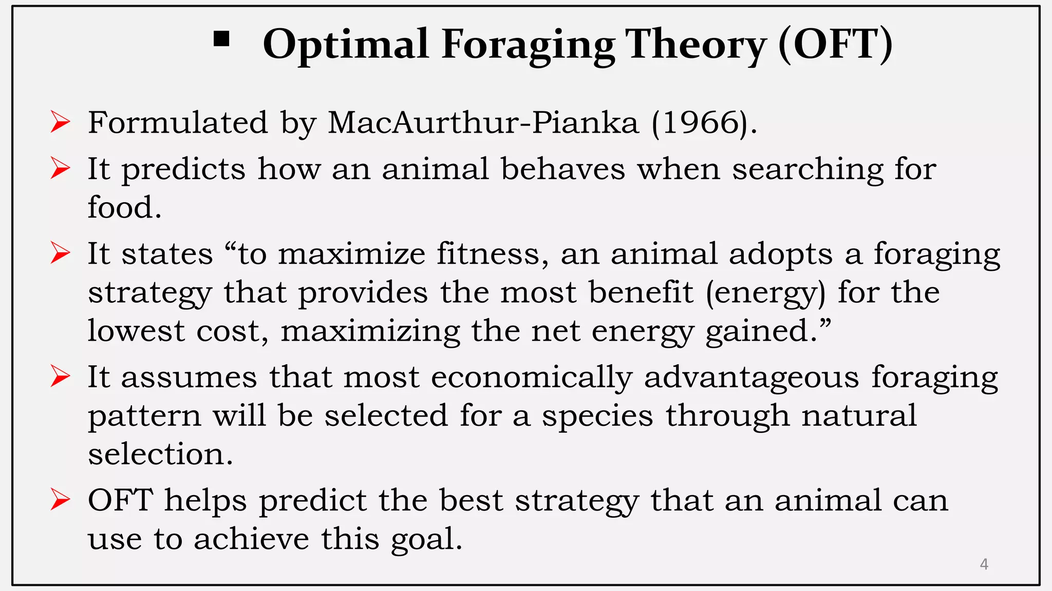  Optimal Foraging Theory (OFT)
 Formulated by MacAurthur-Pianka (1966).
 It predicts how an animal behaves when searching for
food.
 It states “to maximize fitness, an animal adopts a foraging
strategy that provides the most benefit (energy) for the
lowest cost, maximizing the net energy gained.”
 It assumes that most economically advantageous foraging
pattern will be selected for a species through natural
selection.
 OFT helps predict the best strategy that an animal can
use to achieve this goal.
4
 
