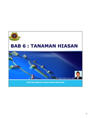 LOGO




BAB 6 : TANAMAN HIASAN




                               Hak cipta © Mohd Yazid. 2009


       MAKTAB RENDAH SAINS MARA BENTONG




                                                              1
 