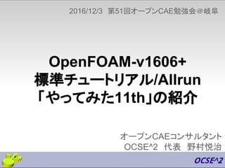 OpenFOAM-v1606+
標準チュートリアル/Allrun
「やってみた11th」の紹介
オープンCAEコンサルタント
OCSE^2　代表　野村悦治
2016/12/3　第51回オープンCAE勉強会＠岐阜
1
 