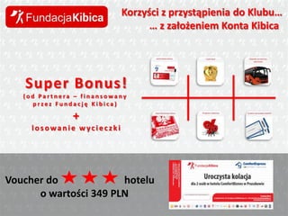 Korzyści z przystąpienia do Klubu…
… z założeniem Konta Kibica

Super Bonus!
(od Partnera – finansowany
przez Fundację Kibica)

+
losowanie wycieczki

Voucher do
hotelu
o wartości 349 PLN

 