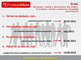O nas
Działamy z myślą o korzyściach dla Kibica.
Pracujemy z myślą o wsparciu Związków
Sportowych!

1. Od idei do działania, czyli…
…powstanie statutu Fundacji.

29.07.2011

2. Pod wspólną banderą, czyli…
…33 instytucje sportowe w jednym programie.

maj 2013

3. Poczuliśmy się wyjątkowi…
…otrzymując oficjalne poparcie PKOL.

07.06.2013

4. Piątek 13 nie taki zły, czyli…
…podpisanie umowy współpracy z partnerem finansowym.

K i b i c u j e s z ? Zys ku j e sz !

13.09.2013

 