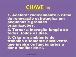 OportunidadesCHAVE (38)1. Acelerar radicalmente o ritmo de renovação estratégica em pequenas e grandes organizações.	2. Tornar a inovação função de todos, todos os dias.	3. Criar um ambiente de trabalho altamente envolvente, que inspire os funcionários a dar o melhor de si.