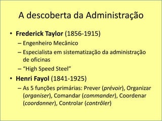 A descoberta da AdministraçãoFrederick Taylor (1856-1915)Engenheiro MecânicoEspecialista em sistematização da administração de oficinas“HighSpeedSteel”Henri Fayol(1841-1925)As 5 funções primárias: Prever (prévoir), Organizar (organiser), Comandar (commander), Coordenar (coordonner), Controlar (contrôler)