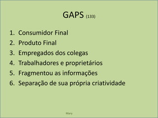 Mary GAPS (133)Consumidor FinalProduto FinalEmpregados dos colegasTrabalhadores e proprietáriosFragmentou as informaçõesSeparação de sua própria criatividade