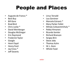 PeopleandPlacesAugusto de Franco *Best BuyBill GoreBrad BirdChris Locke *David WeinbergerDouglas McGregorEric RaymondFrederick TaylorGoogleHenri FayolHenry FordJay Cross *Jeff SevertsLinusTorvaldLou GerstnerMarcelo Estraviz *Mary Parker FolletMihalyCzikszentmihaly *PekkaHimanenRicardo SemlerRichard BransonSergey BrinSteve JobsThomas KuhnW. L. GoreWhole Foodweber