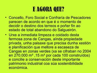 E AGORA QUE?
• Concello, Foro Social e Confraría de Pescadores
parecen de acordo en que é o momento de
decidir o destino dos terreos e poñer fin ao
estado de total abandono do Salgueirón.
• Urxe a inmediata limpeza e coidado desta
fermosa zona de Cangas, aínda propiedade
privada, unha paisaxe que precisa dunha xestión
e planificación que mellore a escaseza de
Cangas en zonas verdes (xa se cifraban no 2004
en 270.000 m² ,15 m² por cada 100 construídos)
e concilie a conservación deste importante
patrimonio industrial coa súa sostenibilidade
económica.
 