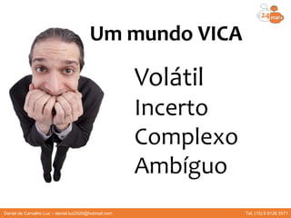 Um mundo VICA
Volátil
Incerto
Complexo
Ambíguo
Daniel de Carvalho Luz – daniel.luz2020@hotmail.com Tel. (15) 9 9126 5571
 