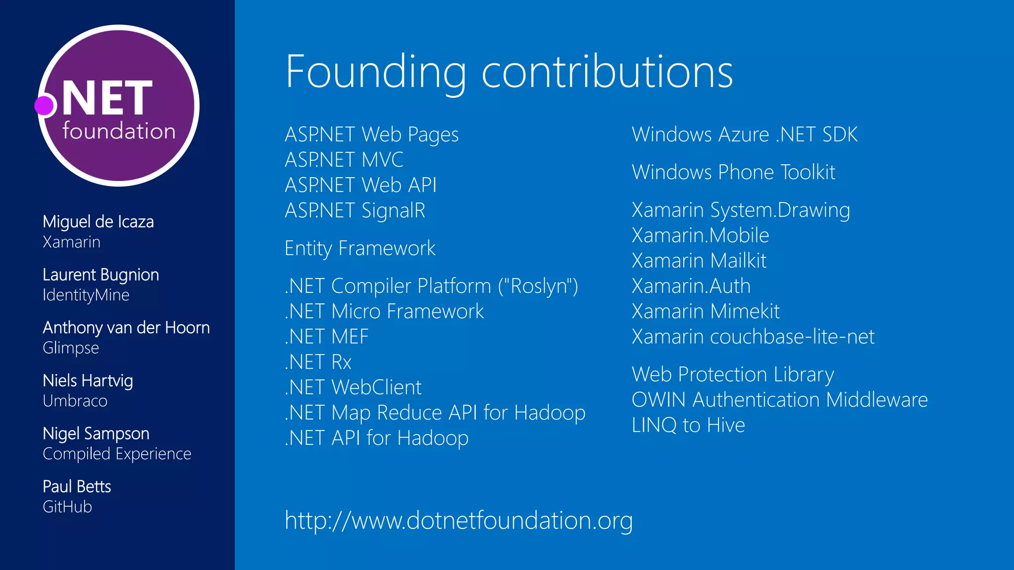 Founding contributions
Miguel de Icaza
Xamarin
Laurent Bugnion
IdentityMine
Anthony van der Hoorn
Glimpse
Niels Hartvig
Umbraco
Nigel Sampson
Compiled Experience
Paul Betts
GitHub
http://www.dotnetfoundation.org
ASP.NET Web Pages
ASP.NET MVC
ASP.NET Web API
ASP.NET SignalR
Entity Framework
.NET Compiler Platform ("Roslyn")
.NET Micro Framework
.NET MEF
.NET Rx
.NET WebClient
.NET Map Reduce API for Hadoop
.NET API for Hadoop
Windows Azure .NET SDK
Windows Phone Toolkit
Xamarin System.Drawing
Xamarin.Mobile
Xamarin Mailkit
Xamarin.Auth
Xamarin Mimekit
Xamarin couchbase-lite-net
Web Protection Library
OWIN Authentication Middleware
LINQ to Hive
 