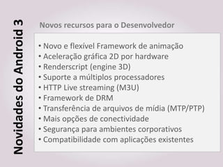 Novidades do Android 3   Novos recursos para o Desenvolvedor

                         • Novo e flexível Framework de animação
                         • Aceleração gráfica 2D por hardware
                         • Renderscript (engine 3D)
                         • Suporte a múltiplos processadores
                         • HTTP Live streaming (M3U)
                         • Framework de DRM
                         • Transferência de arquivos de mídia (MTP/PTP)
                         • Mais opções de conectividade
                         • Segurança para ambientes corporativos
                         • Compatibilidade com aplicações existentes
 