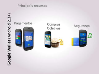 Principais recursos
Google Wallet (Android 2.3+)


                               Pagamentos         Compras     Segurança
                                                  Coletivas
 