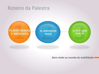 Roteiro da Palestra


PLATAFORMAS   O ANDROID               O QUE VEM
 E MERCADO       HOJE                   POR AÍ




                      Bem vindo ao mundo da mobilidade
 