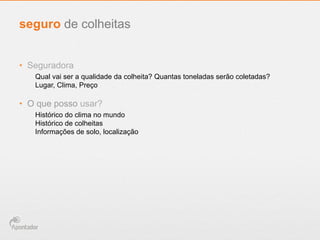 seguro de colheitas
•  Seguradora
Qual vai ser a qualidade da colheita? Quantas toneladas serão coletadas?
Lugar, Clima, Preço

•  O que posso usar?
Histórico do clima no mundo
Histórico de colheitas
Informações de solo, localização

 