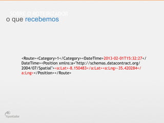 SOBRE O ROTEIRIZADOR

o que recebemos

<Route><Category>1</Category><DateTime>2013-02-01T15:32:27</
DateTime><Position xmlns:a="http://schemas.datacontract.org/
2004/07/Spatial"><a:Lat>-8.150483</a:Lat><a:Lng>-35.420284</
a:Lng></Position></Route>

 