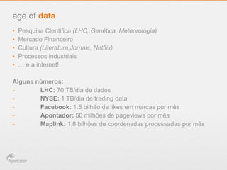 age of data
•
•
•
•
•

O Futuro
do Big Data

Pesquisa Cientifica (LHC, Genética, Meteorologia)
Mercado Financeiro
Cultura (Literatura,Jornais, Netflix)
Processos industriais
… e a internet!

!

Alguns números:
LHC: 70 TB/dia de dados
NYSE: 1 TB/dia de trading data
Facebook: 1.5 bilhão de likes em marcas por mês
Apontador: 50 milhões de pageviews por mês
Maplink: 1.8 bilhões de coordenadas processadas por mês

: 

 