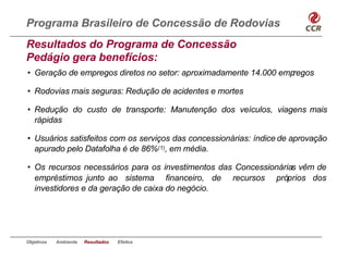 Programa Brasileiro de Concessão de Rodovias
Resultados do Programa de Concessão
Pedágio gera benefícios:
• Geração de empregos diretos no setor: aproximadamente 14.000 empregos

• Rodovias mais seguras: Redução de acidentes e mortes

• Redução do custo de transporte: Manutenção dos veículos, viagens mais
  rápidas

• Usuários satisfeitos com os serviços das concessionárias: índice de aprovação
  apurado pelo Datafolha é de 86%(1), em média.

• Os recursos necessários para os investimentos das Concessionárias vêm de
  empréstimos junto ao sistema financeiro, de recursos próprios dos
  investidores e da geração de caixa do negócio.




Objetivos   Ambiente   Resultados   Efeitos
 