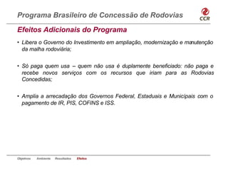 Programa Brasileiro de Concessão de Rodovias
Efeitos Adicionais do Programa
• Libera o Governo do Investimento em ampliação, modernização e manutenção
  da malha rodoviária;


• Só paga quem usa – quem não usa é duplamente beneficiado: não paga e
  recebe novos serviços com os recursos que iriam para as Rodovias
  Concedidas;


• Amplia a arrecadação dos Governos Federal, Estaduais e Municípais com o
  pagamento de IR, PIS, COFINS e ISS.




Objetivos   Ambiente   Resultados   Efeitos
 
