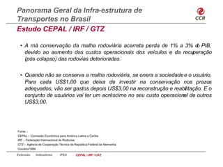 Panorama Geral da Infra-estrutura de
Transportes no Brasil
Estudo CEPAL / IRF / GTZ

  • A má conservação da malha rodoviária acarreta perda de 1% a 3% d PIB,
                                                                     o
    devido ao aumento dos custos operacionais dos veículos e da recuperação
    (pós colapso) das rodovias deterioradas.

  • Quando não se conserva a malha rodoviária, se onera a sociedade e o usuário.
    Para cada US$1,00 que deixa de investir na conservação nos prazos
    adequados, vão ser gastos depois US$3,00 na reconstrução e reabilitação. E o
    conjunto de usuários vai ter um acréscimo no seu custo operacional de outros
    US$3,00.




Fonte: -
CEPAL – Comissão Econômica para América Latina e Caribe
IRF – Federação Internacional de Rodovias
GTZ – Agência de Cooperação Técnica da República Federal da Alemanha
Outubro/1999
Extensão    Indicadores      IPEA       CEPAL / IRF / GTZ
 