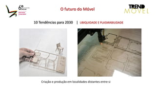 10 Tendências para 2030 | UBIQUIDADE E PLASMABILIDADE
O futuro do Móvel
Criação e produção em localidades distantes entre si
 