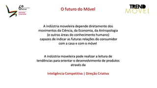A indústria moveleira depende diretamente dos
movimentos da Ciência, da Economia, da Antropologia
(e outras áreas do conhecimento humano)
capazes de indicar as futuras relações do consumidor
com a casa e com o móvel
A indústria moveleira pode realizar a leitura de
tendências para orientar o desenvolvimento de produtos
através da
Inteligência Competitiva | Direção Criativa
O futuro do Móvel
 