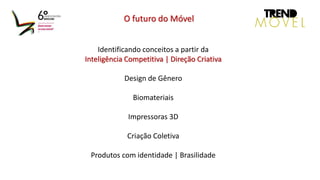 Identificando conceitos a partir da
Inteligência Competitiva | Direção Criativa
Design de Gênero
Biomateriais
Impressoras 3D
Criação Coletiva
Produtos com identidade | Brasilidade
O futuro do Móvel
 