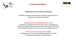 Tendências do Fórum Econômico Mundial
Fazendo uma breve análise deste panorama, quais seriam os
impactos na indústria moveleira?
Aprofundamento da desigualdade de renda
Diminuição ou desaparecimento da classe média, necessidade de
desenvolver produtos para classes econômicas bem distintas e definidas,
comunicação mais eficiente e focada nos anseios do público-alvo, etc.
Aumento da concorrência geoestratégica
Estratégia para concorrer com produtos estrangeiros na âmbito
dos preços, da qualidade e da diferenciação.
O futuro do Móvel
 