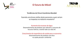 Tendências do Fórum Econômico Mundial
Fazendo uma breve análise deste panorama, quais seriam
os impactos na indústria moveleira?
Aumento da escassez de água
Desenvolvimento de produtos que reduzam o consumo de
recursos hídricos, visando toda sua vida útil.
Crescimento da importância da saúde para a economia
Desenvolvimento de produtos com foco
na saúde pessoal e ambiental
O futuro do Móvel
 