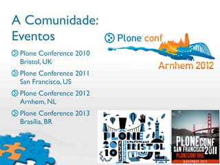 A Comunidade:
Eventos
 Plone Conference 2010
 Bristol, UK
 Plone Conference 2011
 San Francisco, US
 Plone Conference 2012
 Arnhem, NL
 Plone Conference 2013
 Brasília, BR
 
