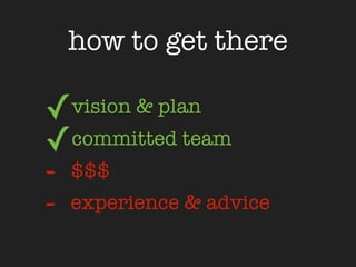 how to get there

✓ vision & plan
✓ committed team
- $$$
- experience & advice
 