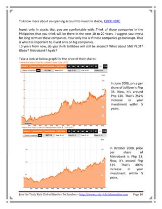 To know more about on opening account to invest in stocks, CLICK HERE.

Invest only in stocks that you are comfortable with. Think of those companies in the
Philippines that you think will be there in the next 10 to 20 years. I suggest you invest
for long term on these companies. Your only risk is if these companies go bankrupt. That
is why it is important to invest only on big companies.
10 years from now, do you think Jollibbee will still be around? What about SM? PLDT?
Globe? Metrobank? Ayala?

Take a look at below graph for the price of their shares.




                                                                     In June 2008, price per
                                                                     share of Jollibee is Php
                                                                     34. Now, it’s around
                                                                     Php 120. That’s 252%
                                                                     increase      in    your
                                                                     investment within 5
                                                                     years.




                                                                     In October 2008, price
                                                                     per      share      of
                                                                     Metrobank is Php 23.
                                                                     Now, it’s around Php
                                                                     115.    That’s  400%
                                                                     increase    in   your
                                                                     investment within 5
                                                                     years.



Join the Truly Rich Club of Brother Bo Sanchez – http://www.trulyrichclubmember.com   Page 10
 