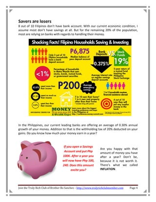 Savers are losers
8 out of 10 Filipinos don’t have bank account. With our current economic condition, I
assume most don’t have savings at all. But for the remaining 20% of the population,
most are relying on banks with regards to handling their money.




In the Philippines, our current leading banks are offering an average of 0.30% annual
growth of your money. Addition to that is the withholding tax of 20% deducted on your
gains. Do you know how much your money earn in a year?



                                   If you open a Savings
                                                                Are you happy with that
                                   Account and put Php          amount of money you have
                                  100K. After a year you        after a year? Don’t be,
                                  will now have Php 100,        because it is not worth it.
                                  240. Does this amount         There’s what we called
                                        excite you?             INFLATION.




Join the Truly Rich Club of Brother Bo Sanchez – http://www.trulyrichclubmember.com   Page 4
 
