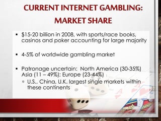  $15-20 billion in 2008, with sports/race books,
casinos and poker accounting for large majority
 4-5% of worldwide gambling market
 Patronage uncertain: North America (30-35%)
Asia (11 – 49%); Europe (23-44%)
 U.S., China, U.K. largest single markets within
these continents
 