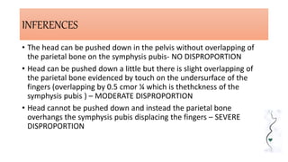 INFERENCES
• The head can be pushed down in the pelvis without overlapping of
the parietal bone on the symphysis pubis- NO DISPROPORTION
• Head can be pushed down a little but there is slight overlapping of
the parietal bone evidenced by touch on the undersurface of the
fingers (overlapping by 0.5 cmor ¼ which is thethckness of the
symphysis pubis ) – MODERATE DISPROPORTION
• Head cannot be pushed down and instead the parietal bone
overhangs the symphysis pubis displacing the fingers – SEVERE
DISPROPORTION
 