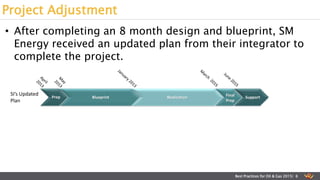 • After completing an 8 month design and blueprint, SM
Energy received an updated plan from their integrator to
complete the project.
Project Adjustment
Best Practices for Oil & Gas 2015| 6
Blueprint Realization Support
SI’s Updated
Plan
Final
Prep
Prep
 