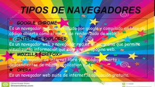 ★ GOOGLE CHROME:
Es un navegador web desarrollado por google y compilado en base de
código abierto como el motor de renderizado de webkit.
★ INTERNET EXPLORER:
Es un navegador web o navegador red,es un programa que permite
visualizar la información que contiene un apagina web.
★ MOZILLA FIREFOX:
Es un navegador de internet libre y de código abierto
descendientes de mozilla application suite.
★ OPERA:
Es un navegador web suite de internet,la aplicación gratuita.
TIPOS DE NAVEGADORES
 