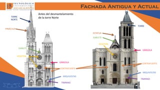 Fachada Antigua y Actual
10
ARQUIVOLTAS
TORRE
ROSETÓN
GABLETE
CONTRAFUERTE
GÁRGOLA
TÍMPANO
ESTATUA
Antes del desmantelamiento
de la torre Norte
ARQUIVOLTAS
TORRE
NORTE
ROSETÓN
GABLETE
CONTRAFUERTE
GÁRGOLA
TÍMPANO
PINÁCULO
 