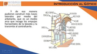 Introducción al Gótico
3
Y de esa manera
pudieron construir más naves
laterales por medio del
arbotante, que es un medio
arco que recoge los empujes
horizontales de la bóveda y la
transmite al contrafuerte.
 
