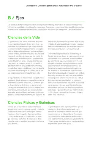 El eje incorpora tres temas principales. El prime-
ro corresponde al estudio de los seres vivos y su
diversidad, donde se espera que los estudiantes
se aproximen de forma paulatina a los conceptos
básicos del estudio de la vida y sus interacciones.
En este sentido, tomando en cuenta la curiosidad
natural de los niños, se busca que por medio de
la observación directa conozcan a los seres vivos,
su constitución en base a células, describan sus
características, reconozcan sus ciclos de vida y
describan el modo en que obtienen alimento y
energía. Esto les permitirá tomar conciencia de la
noción de ecosistema y de las consecuencias de
sus propias acciones en el equilibrio de este.
El segundo tema es el estudio del cuerpo humano
y su salud, donde adquieren especial importancia
los distintos sistemas corporales, la forma en que
se desarrollan y las dinámicas en que se produ-
cen algunas enfermedades. Sobre la base de este
aprendizaje, se incentivará que los estudiantes
asuman la responsabilidad por la salud y el cuida-
do de su cuerpo. Específicamente, los objetivos de
Ciencias de la Vida
Ciencias Físicas y Químicas
aprendizaje promueven el desarrollo de actitudes
y hábitos de vida saludable, prevención y autocui-
dado, con el propósito de que asuman comporta-
mientos que conduzcan a una buena salud.
El tercer tópico presente es el ecosistema y el
flujo de la energía, donde se espera que conozcan
los diferentes tipos de hábitat y las condiciones
que permiten la supervivencia de seres vivos al
otorgarle materiales y energía, la interacción de
los elementos en diferentes ecosistemas y los
flujos de energía por medio de redes alimenta-
rias. Además, se promueve que los estudiantes
desarrollen una adecuada vinculación con cuidado
del medio ambiente. En particular, que exploren
e investiguen el entorno natural con una actitud
de respeto y responsabilidad por el medioam-
biente, que reconozcan los efectos de la actividad
humana sobre éste, que aprendan las distintas
posibilidades que ofrece el desarrollo productivo
sustentable y que construyan una visión reflexiva
y crítica frente a las medidas de protección exis-
tentes en la actualidad.
B / Ejes
Los Objetivos de Aprendizaje muestran desempeños medibles y observables de los estudiantes en rela-
ción con las habilidades científicas y los contenidos. De acuerdo a estos contenidos, los objetivos se orga-
nizan en torno a tres ejes temáticos vinculados con las disciplinas que integran las Ciencias Naturales:
En este eje, se espera que los estudiantes se
aproximen a los conceptos de energía y materia,
con especial énfasis en sus múltiples transfor-
maciones. Esto incluye las diversas manifesta-
ciones de la energía, el sonido, la luz, la ener-
gía eléctrica y las formas de interacción de la
materia, aspecto asociado al concepto de fuerza
y sus efectos.
El aprendizaje de estos tópicos permitirá que los
estudiantes desarrollen una adecuada com-
prensión de los diversos eventos naturales que
experimenten en su vida cotidiana. Por esto, en
los primeros años de escolaridad, el énfasis está
en el reconocimiento, exploración y experimenta-
ción con materiales del entorno, considerando sus
propiedades, aplicaciones y usos.
Orientaciones Generales para Ciencias Naturales de 1º a 6º Básico
 