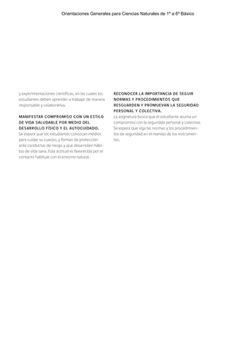 y experimentaciones científicas, en las cuales los
estudiantes deben aprender a trabajar de manera
responsable y colaborativa.
MANIFESTAR COMPROMISO CON UN ESTILO
DE VIDA SALUDABLE POR MEDIO DEL
DESARROLLO FÍSICO Y EL AUTOCUIDADO.
Se espera que los estudiantes conozcan medios
para cuidar su cuerpo, y formas de protección
ante conductas de riesgo y que desarrollen hábi-
tos de vida sana. Esta actitud es favorecida por el
contacto habitual con el entorno natural.
RECONOCER LA IMPORTANCIA DE SEGUIR
NORMAS Y PROCEDIMIENTOS QUE
RESGUARDEN Y PROMUEVAN LA SEGURIDAD
PERSONAL Y COLECTIVA.
La asignatura busca que el estudiante asuma un
compromiso con la seguridad personal y colectiva.
Se espera que siga las normas y los procedimien-
tos de seguridad en el manejo de los instrumen-
tos.
Orientaciones Generales para Ciencias Naturales de 1º a 6º Básico
 